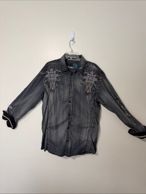 Roar Men's Washed Black Button-Down Shirt with Embroidered Shoulders